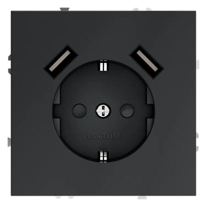 Розетка встраиваемая VOLTUM S70 с заземлением и защитными шторками, 16А, с USB, A+A, (графит), Voltum, VLS040407 Розетка встраиваемая VOLTUM S70 с заземлением и защитными шторками, 16А, с USB, A+A, (графит), Voltum, VLS040407