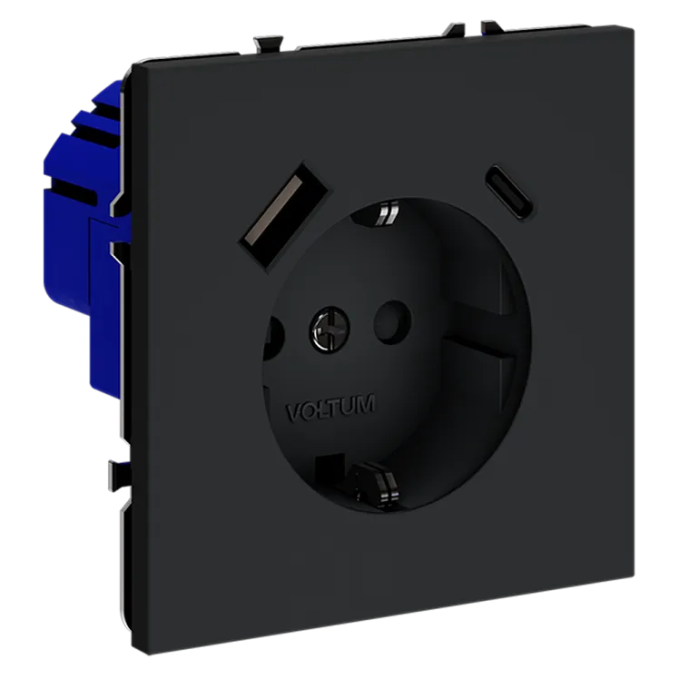 Розетка встраиваемая VOLTUM S70 с заземлением и защитными шторками, 16А, с USB, A+С, (графит), Voltum, VLS040507