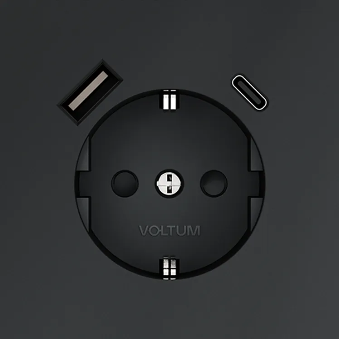 Розетка встраиваемая VOLTUM S70 с заземлением и защитными шторками, 16А, с USB, A+С, (графит), Voltum, VLS040507