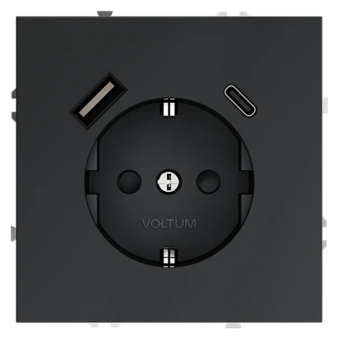 Розетка встраиваемая VOLTUM S70 с заземлением и защитными шторками, 16А, с USB, A+С, (графит), Voltum, VLS040507