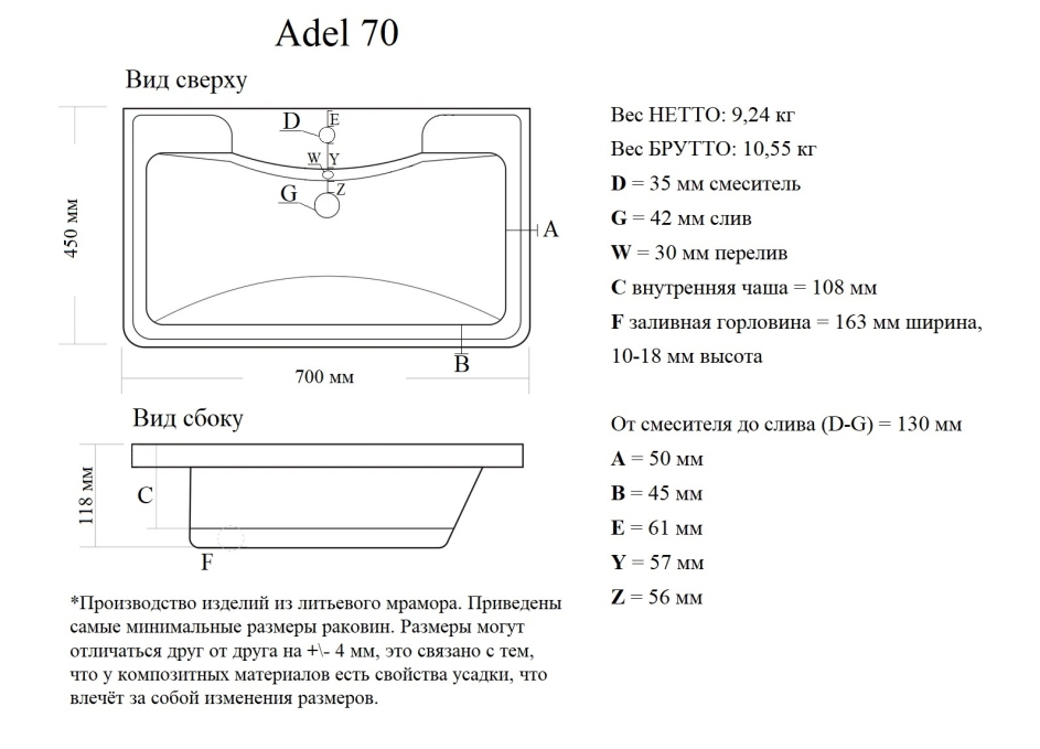 Мебельная раковина Madera Adel 4627173210232 70 см белая глянцевая