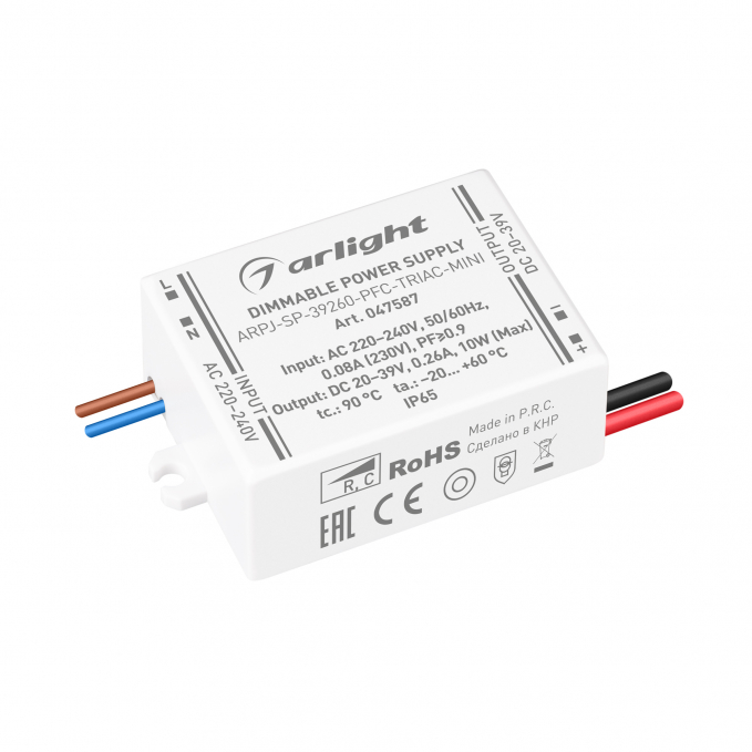 Блок питания ARPJ-SP-39260-PFC-TRIAC-MINI (10W, 20-39V, 260mA), Arlight, 047587, изображение 1 Блок питания ARPJ-SP-39260-PFC-TRIAC-MINI (10W, 20-39V, 260mA), Arlight, 047587, изображение 1