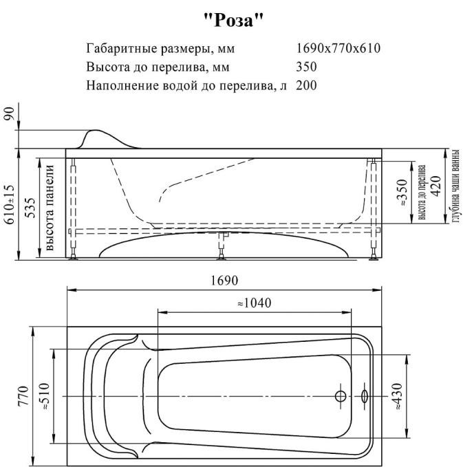 Ванна акриловая Radomir Роза 170x75 2-01-0-0-1-208Р пристенная c каркасом