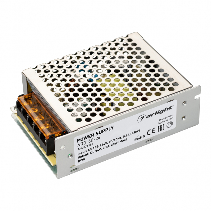 Блок питания ARS-60-24 (24V, 2.5A, 60W), Arlight, 026153, изображение 1 Блок питания ARS-60-24 (24V, 2.5A, 60W), Arlight, 026153, изображение 1