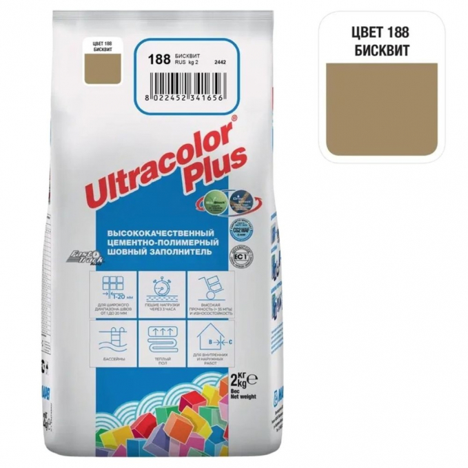 Затирка цементная Mapei Ultracolor Plus №188 Бисквит, 2 кг Затирка цементная Mapei Ultracolor Plus №188 Бисквит, 2 кг