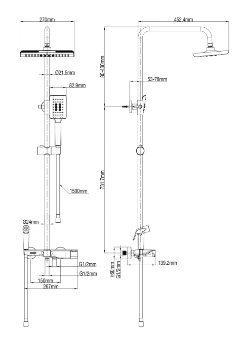 Душевая стойка со смесителем Wonzon & Woghand WW-B3310-CR хром глянцевая с термостатом и гигиеническим душем Душевая стойка со смесителем Wonzon & Woghand WW-B3310-CR хром глянцевая с термостатом и гигиеническим душем