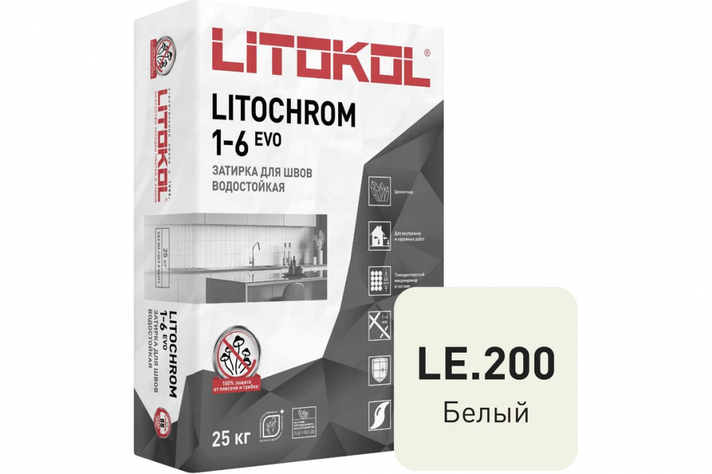 Затирка цементная Litokol Litochrom 1-6 Evo LE.200 Белый, 25 кг Затирка цементная Litokol Litochrom 1-6 Evo LE.200 Белый, 25 кг