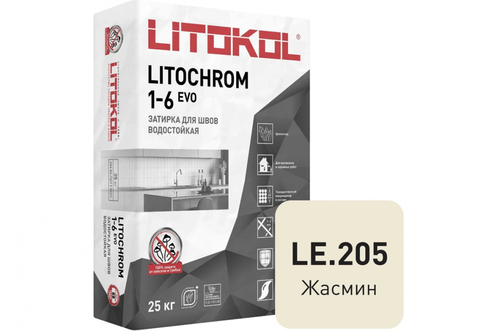 Затирка цементная Litokol Litochrom 1-6 Evo LE.205 Жасмин, 25 кг Затирка цементная Litokol Litochrom 1-6 Evo LE.205 Жасмин, 25 кг