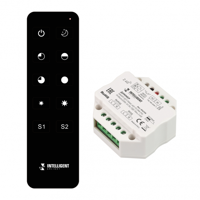 INTELLIGENT ARLIGHT Диммер SMART-SET-TRIAC-601-72-DIM-PD-IN Black (230V, 1x1.5A, ПДУ 10кн, 2.4G), Arlight, 036190, изображение 1 INTELLIGENT ARLIGHT Диммер SMART-SET-TRIAC-601-72-DIM-PD-IN Black (230V, 1x1.5A, ПДУ 10кн, 2.4G), Arlight, 036190, изображение 1